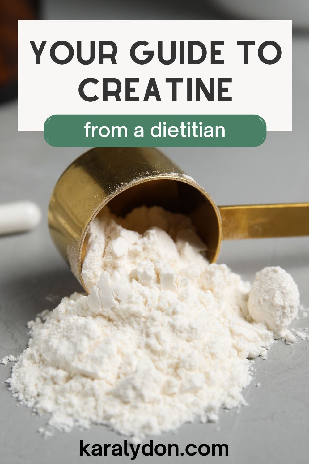 gold measuring spoon with creatine powder falling out. text overlay guide to creatine